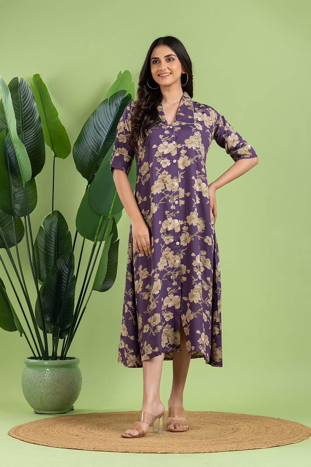 Purple Floral Print A-Line Dress