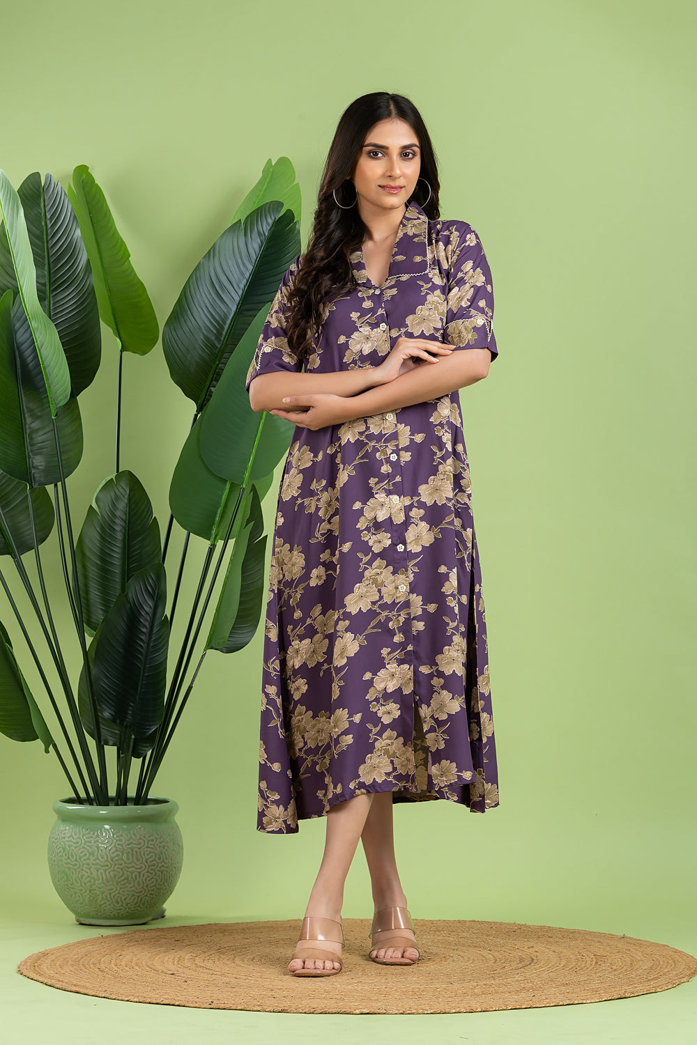 Purple Floral Print A-Line Dress