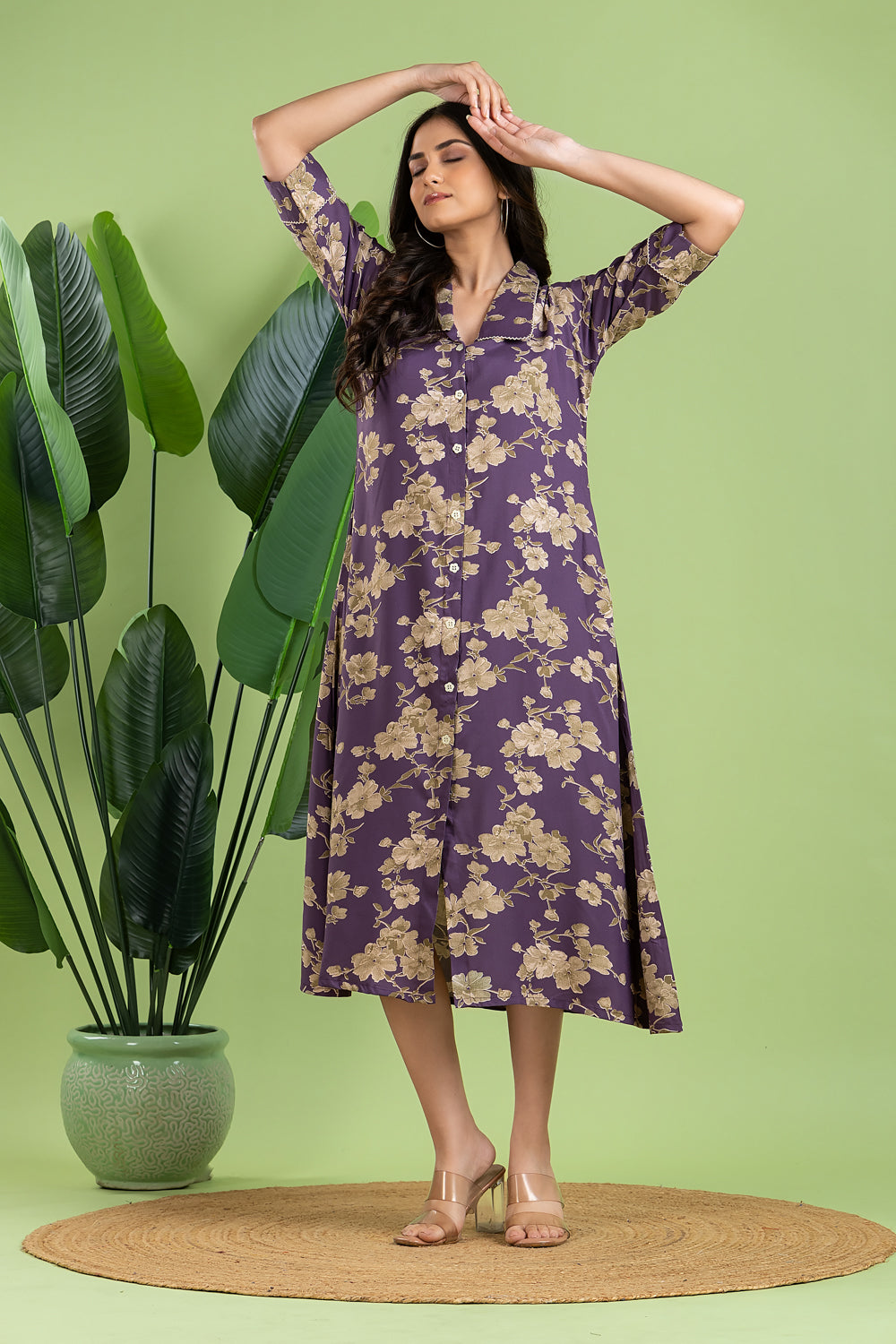 Purple Floral Print A-Line Dress