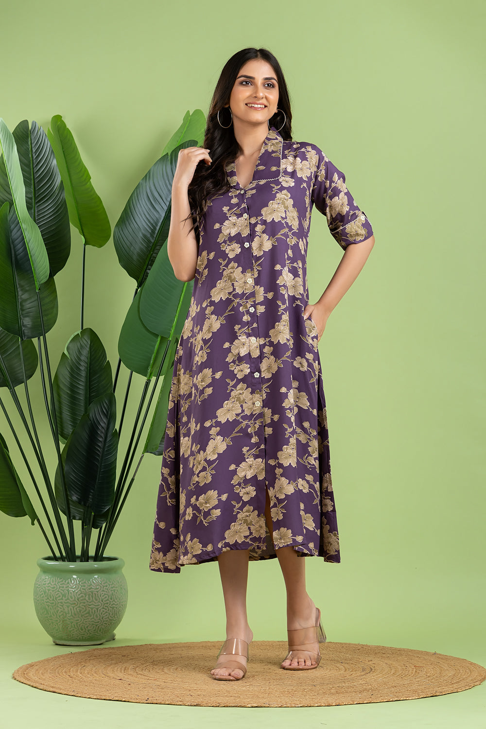 Purple Floral Print A-Line Dress