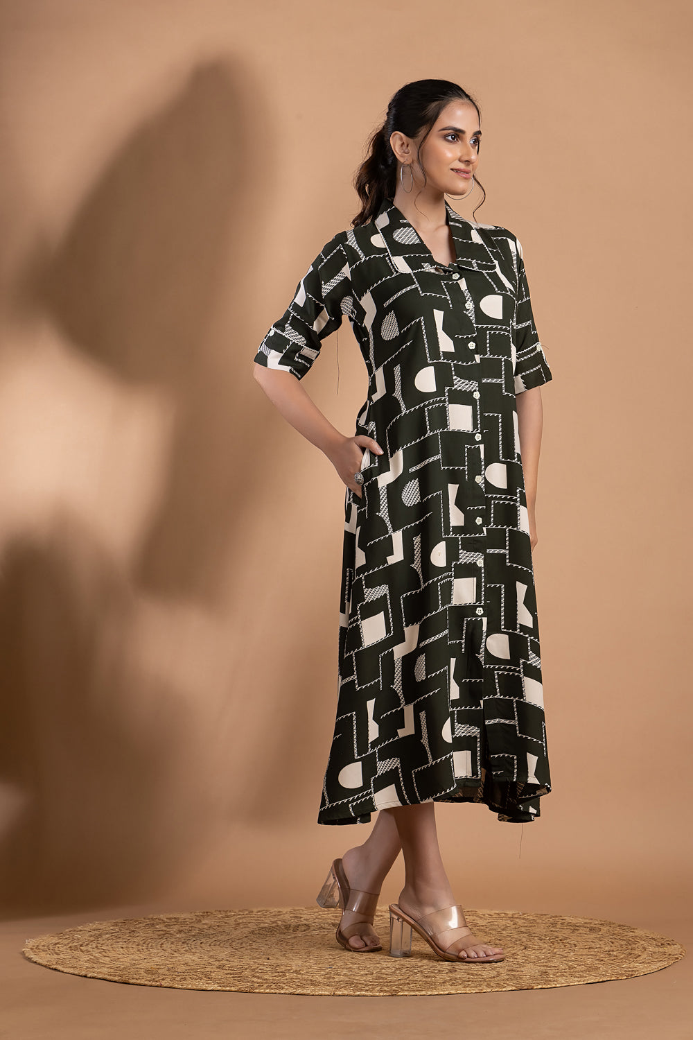 Dark Green Geometric Print A-Line Dress