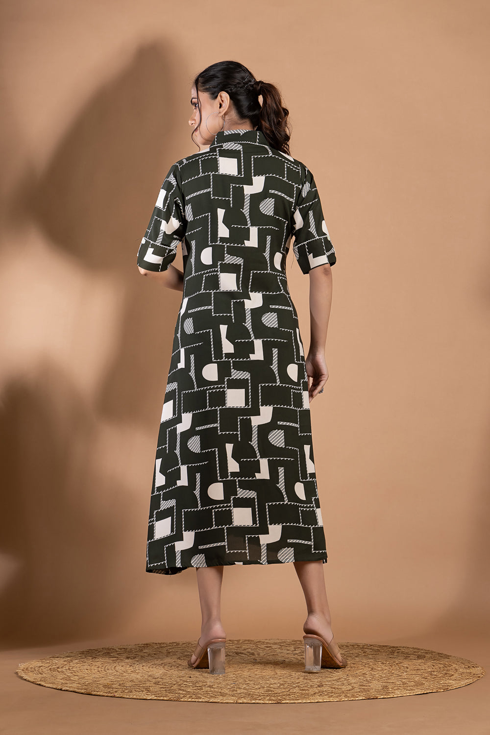 Dark Green Geometric Print A-Line Dress