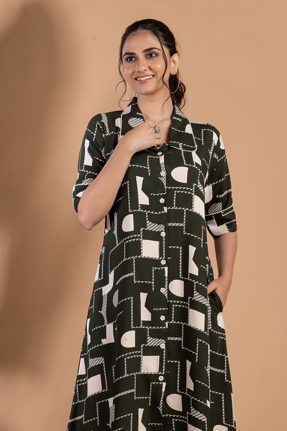 Dark Green Geometric Print A-Line Dress