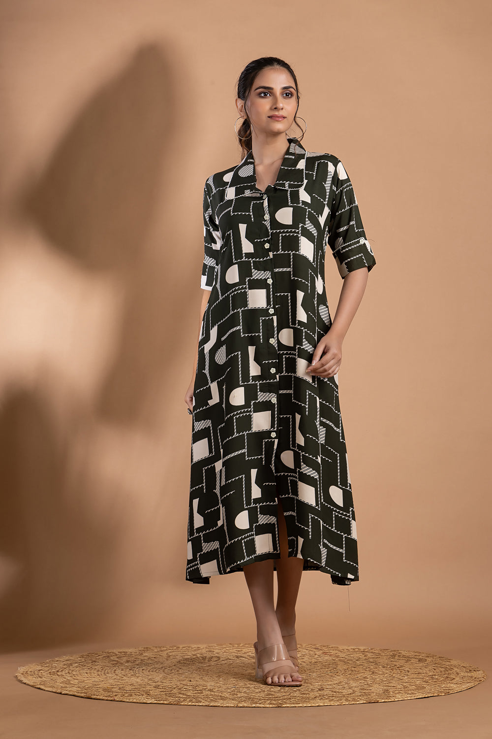 Dark Green Geometric Print A-Line Dress