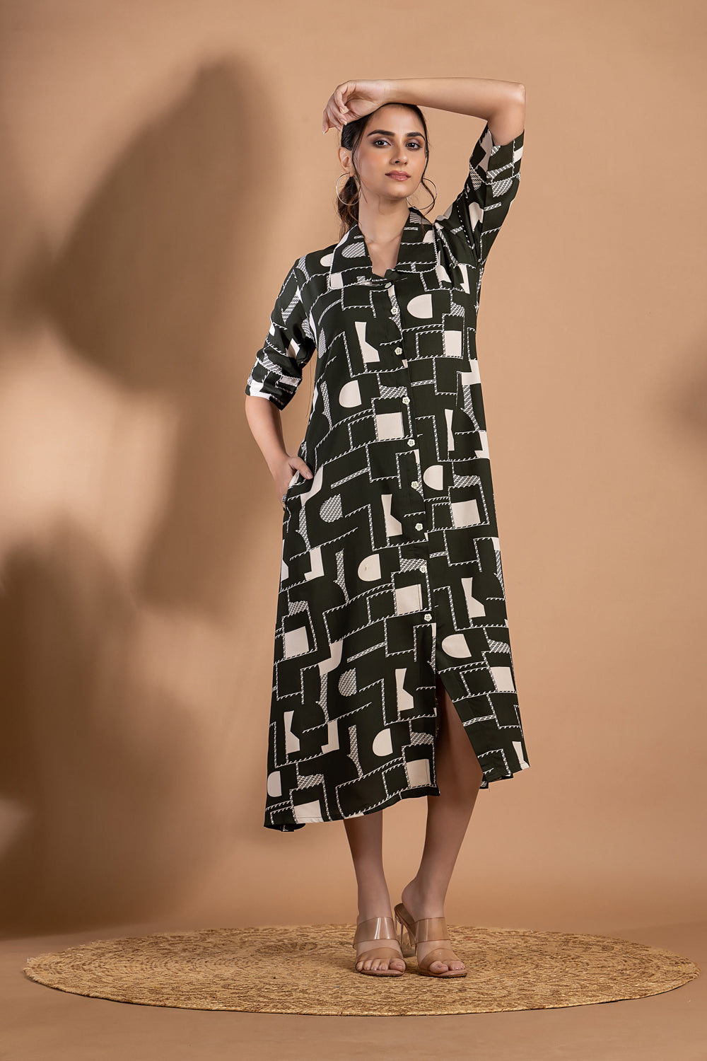 Dark Green Geometric Print A-Line Dress