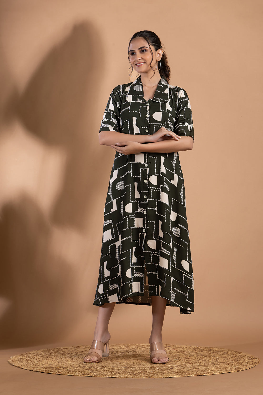 Dark Green Geometric Print A-Line Dress