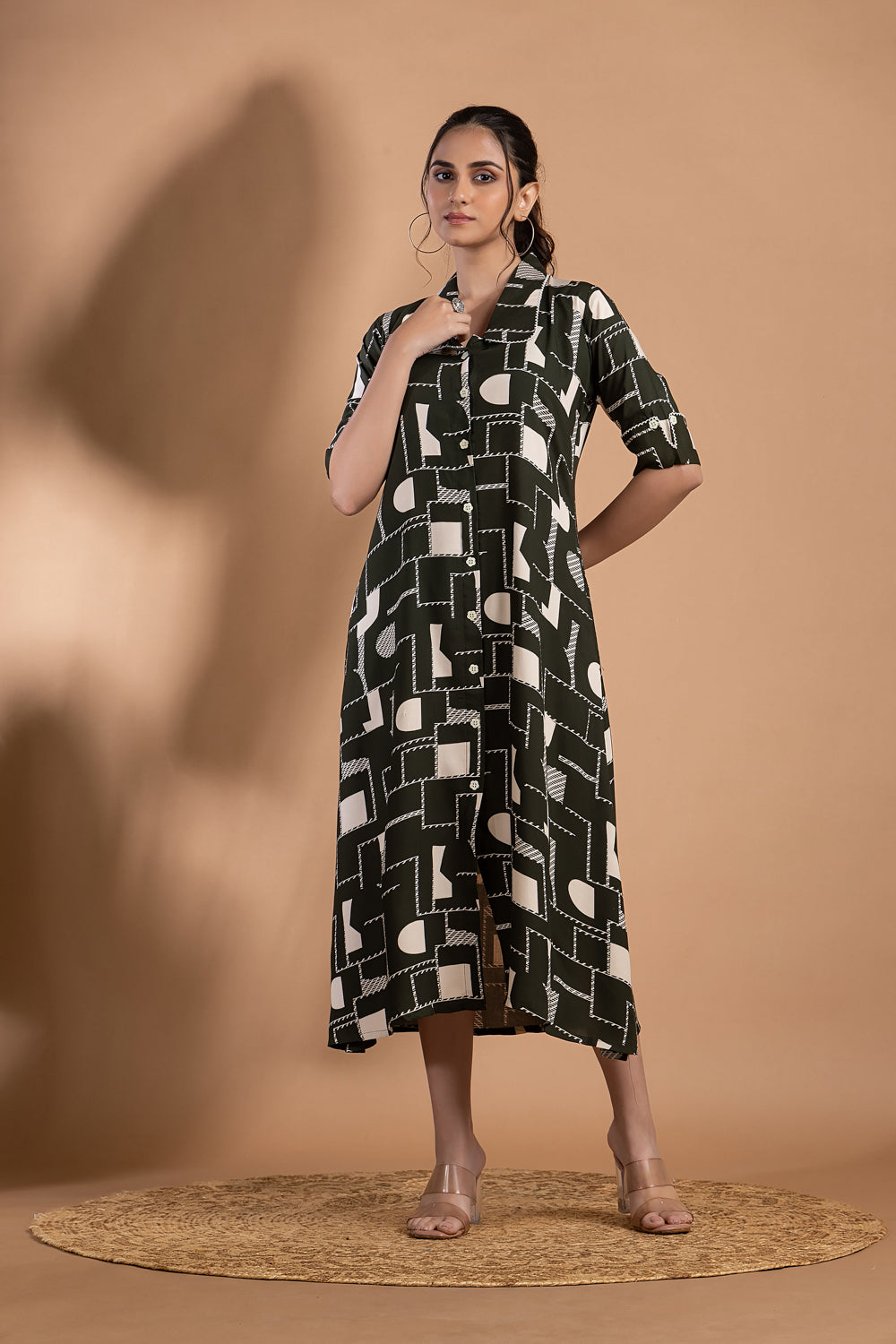 Dark Green Geometric Print A-Line Dress