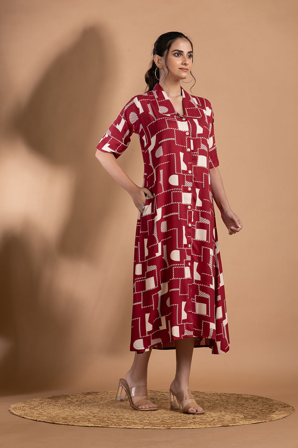 Maroon Geometric Print A-Line Dress