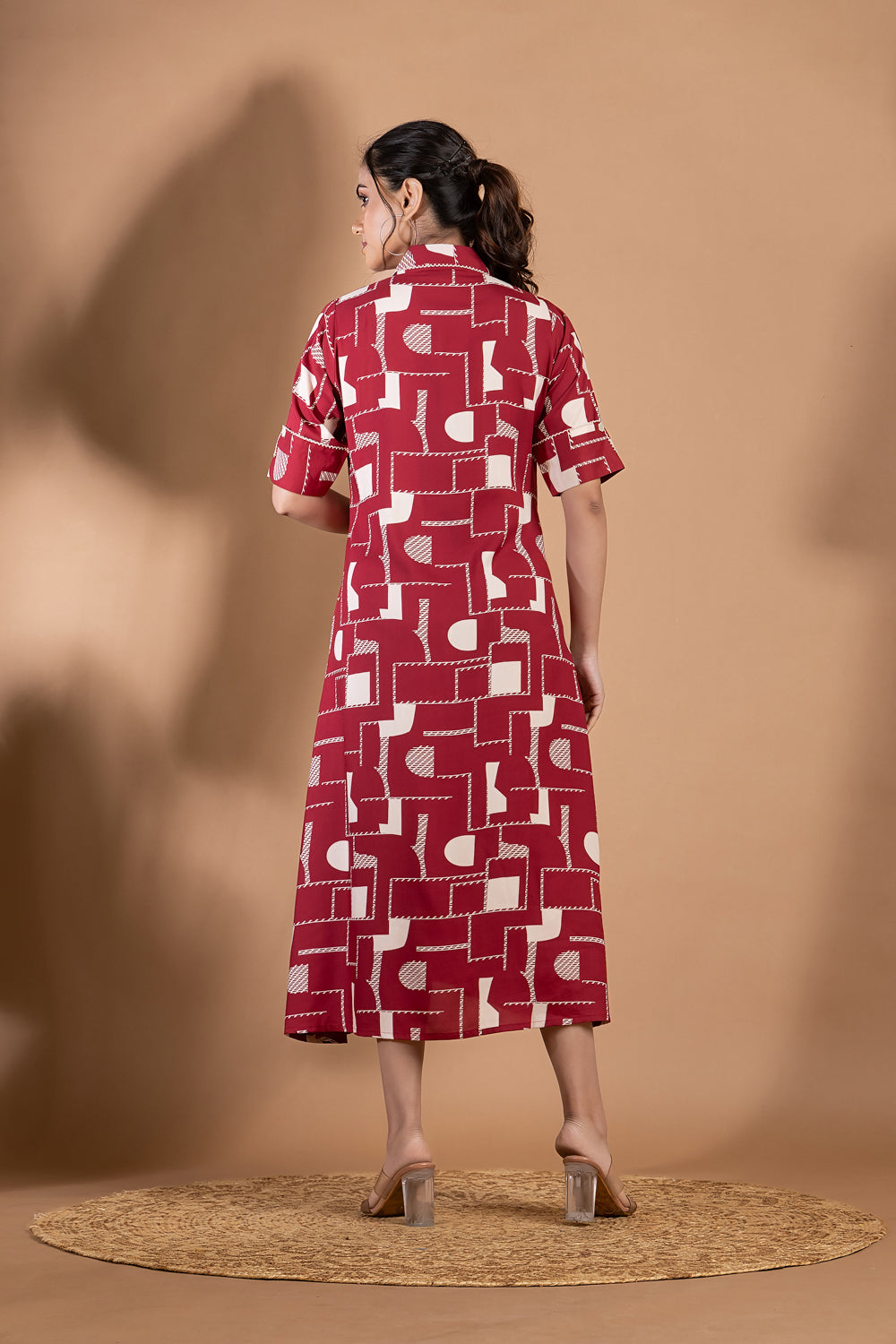 Maroon Geometric Print A-Line Dress