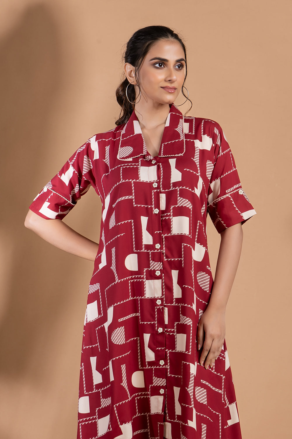 Maroon Geometric Print A-Line Dress