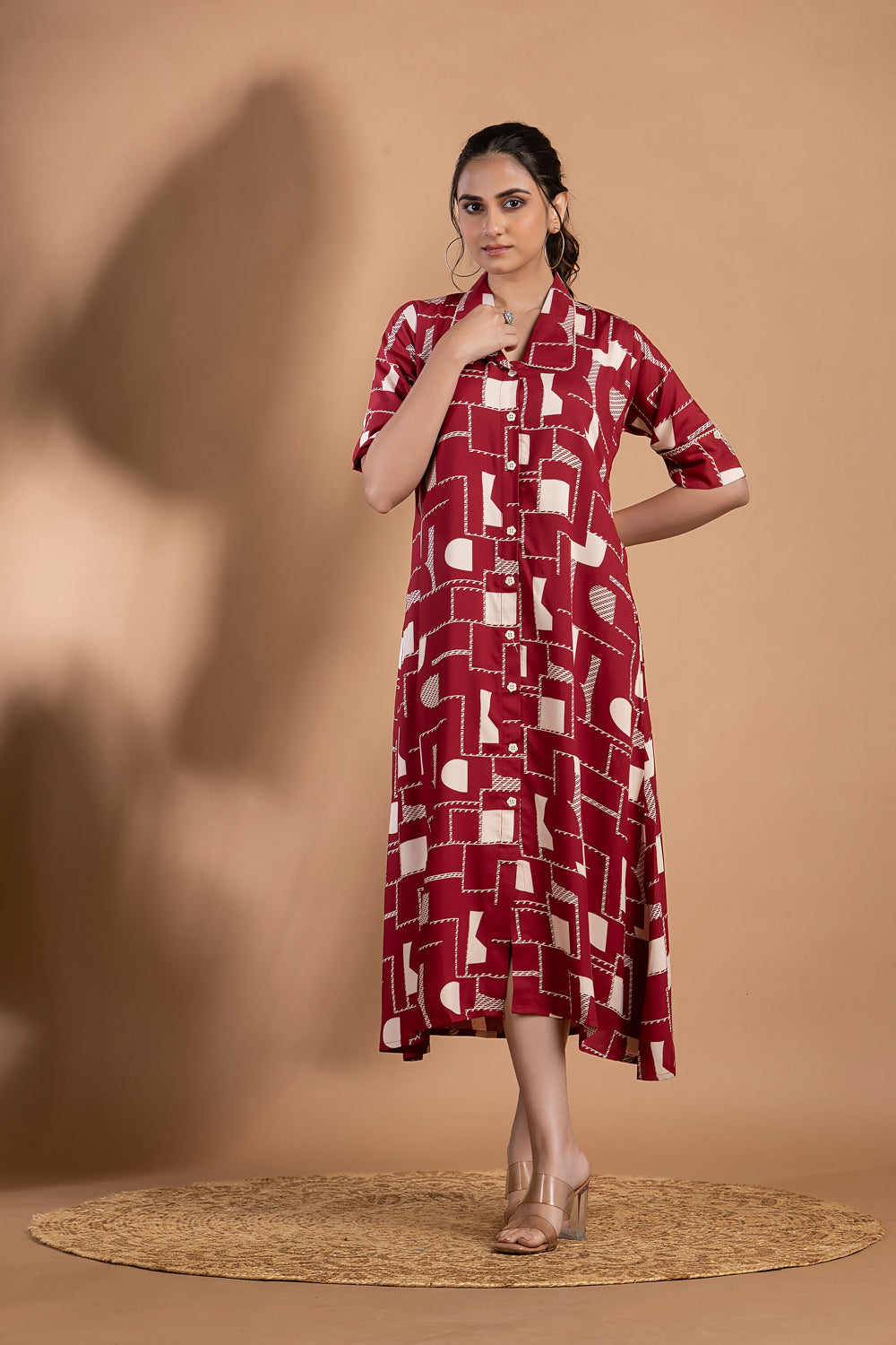 Maroon Geometric Print A-Line Dress