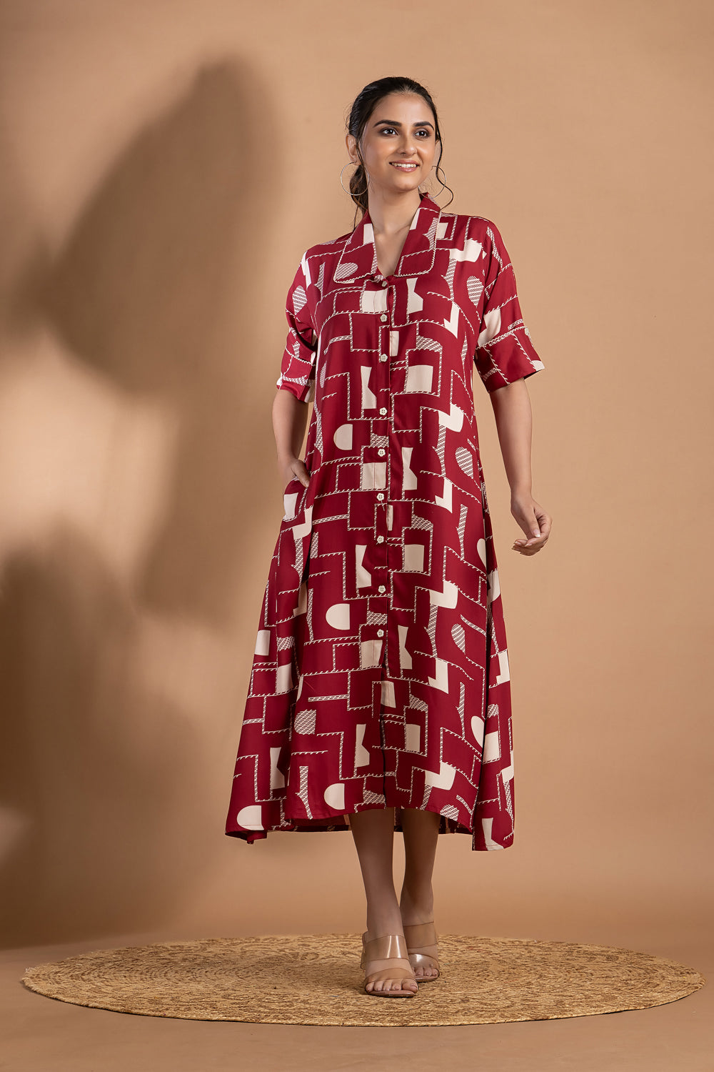 Maroon Geometric Print A-Line Dress