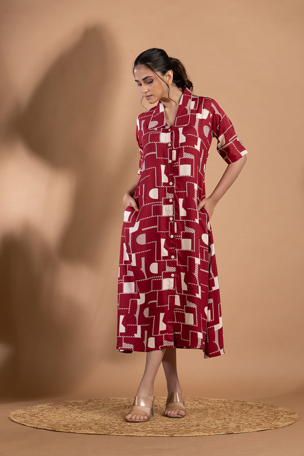 Maroon Geometric Print A-Line Dress