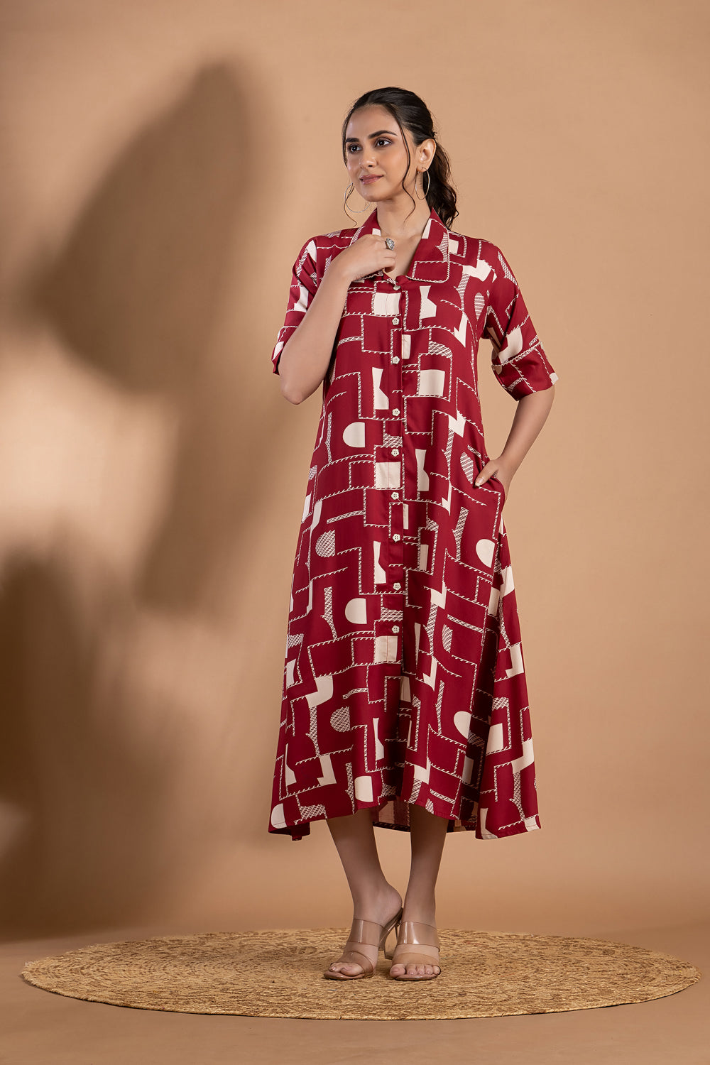 Maroon Geometric Print A-Line Dress