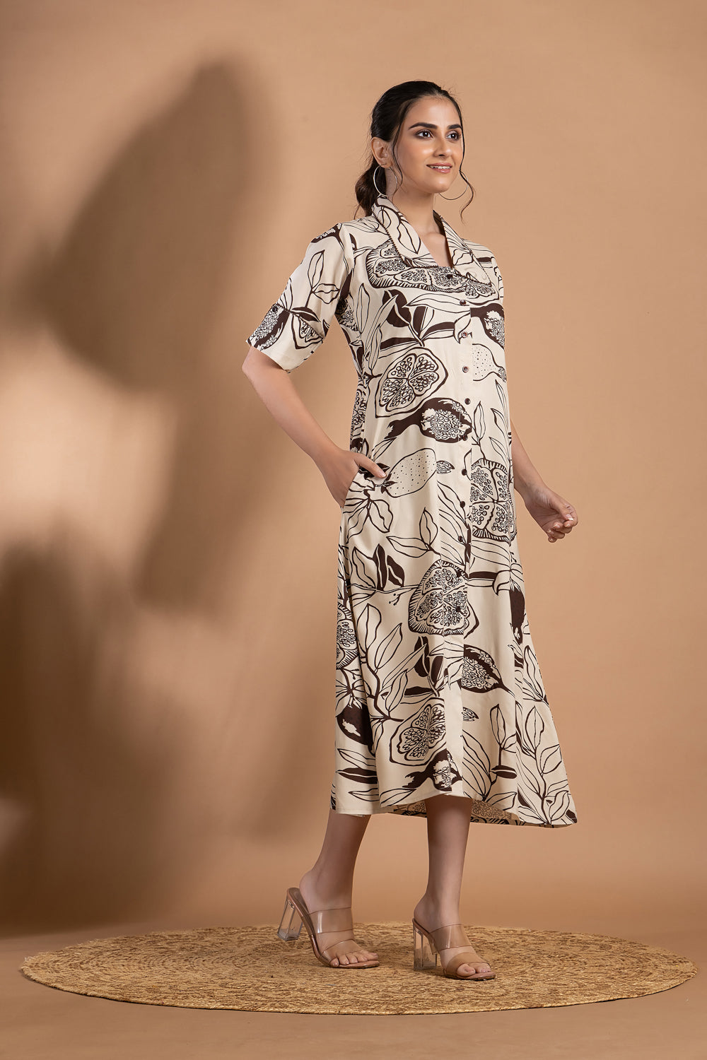 Beige & Brown Fruit Print A-Line Dress