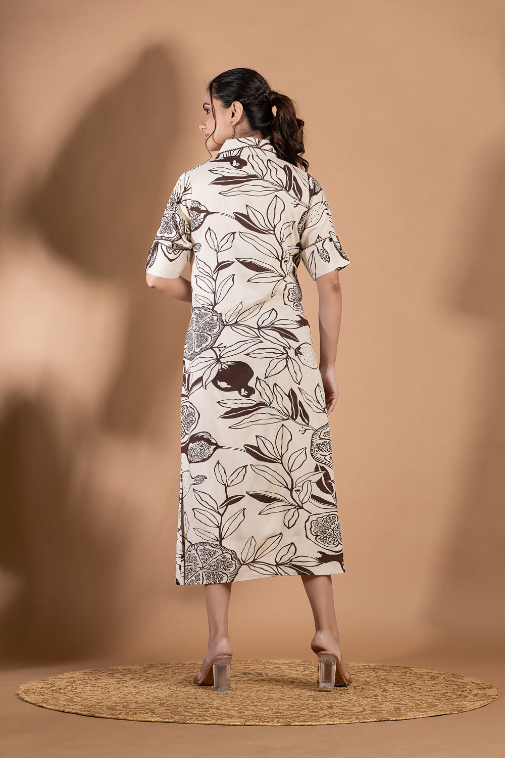 Beige & Brown Fruit Print A-Line Dress