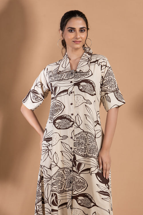 Beige & Brown Fruit Print A-Line Dress