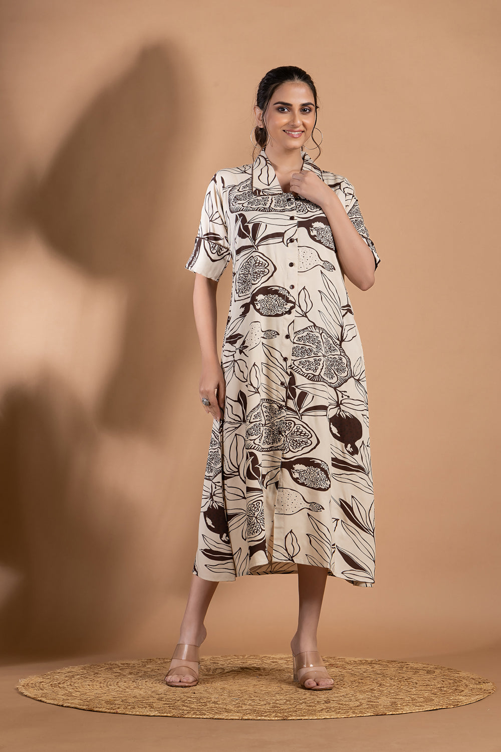 Beige & Brown Fruit Print A-Line Dress