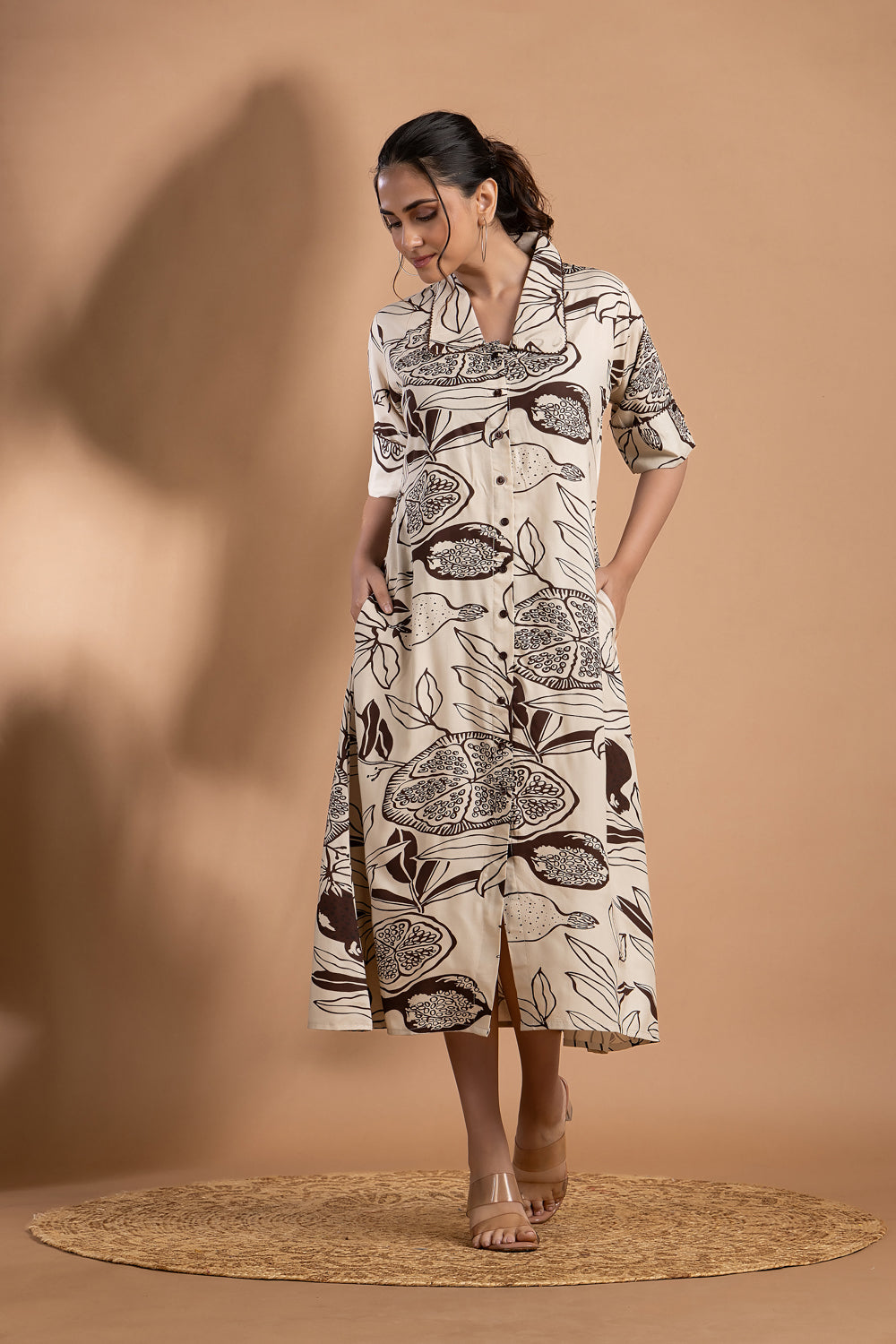 Beige & Brown Fruit Print A-Line Dress