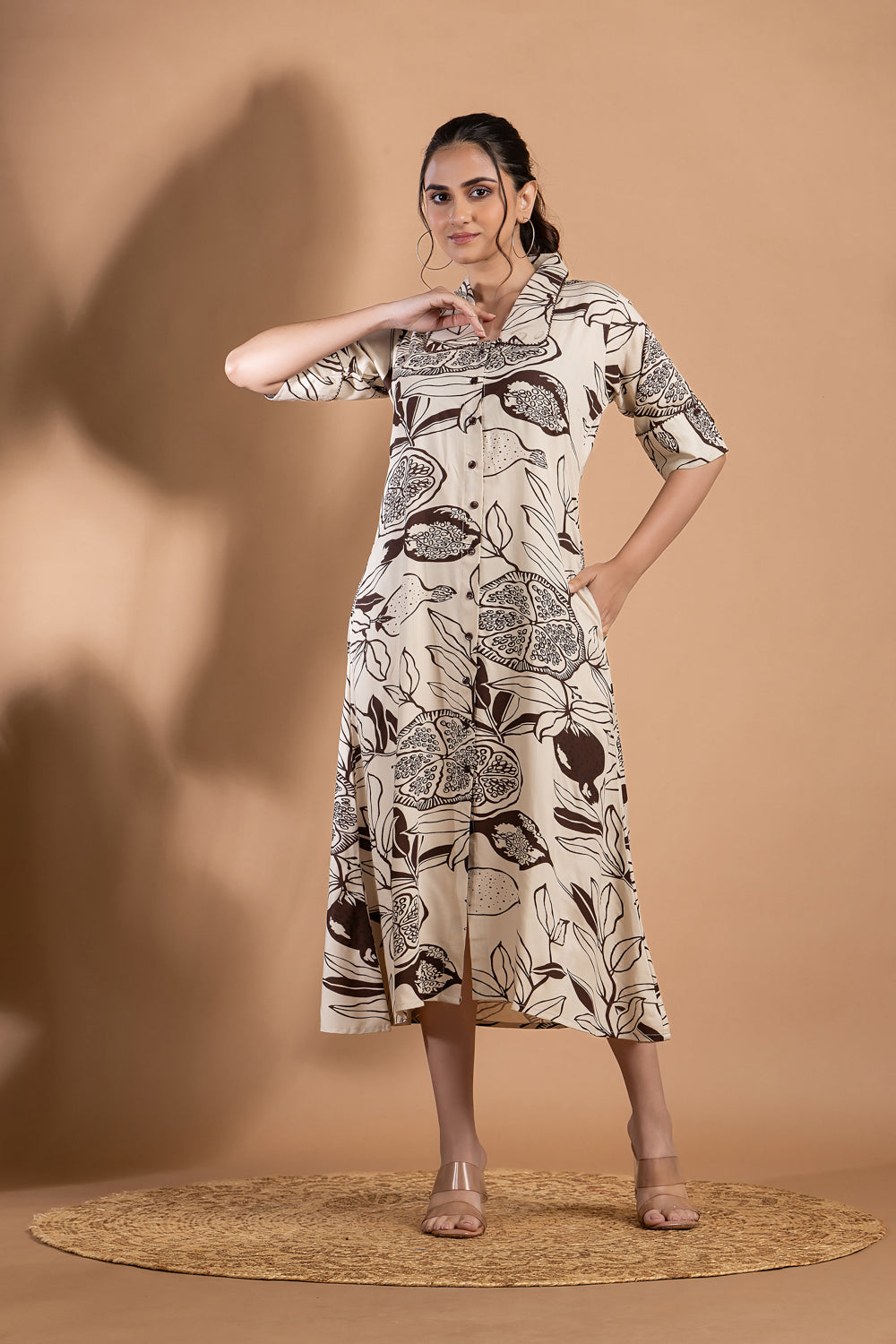 Beige & Brown Fruit Print A-Line Dress