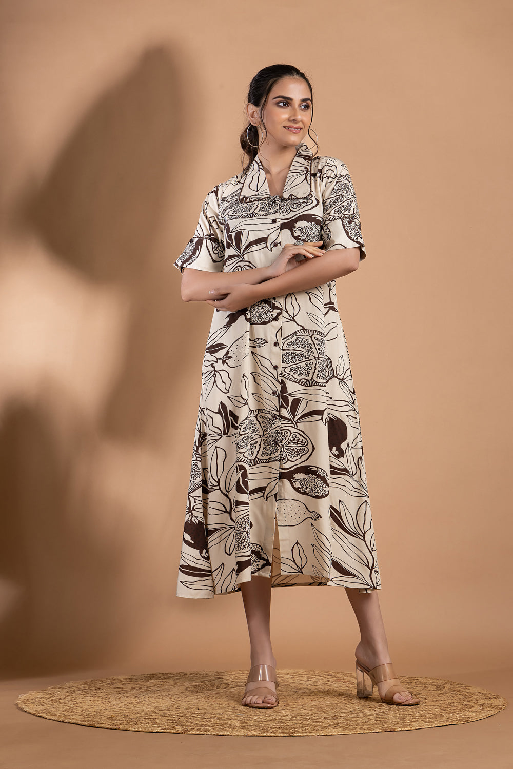 Beige & Brown Fruit Print A-Line Dress