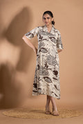 Beige & Brown Fruit Print A-Line Dress