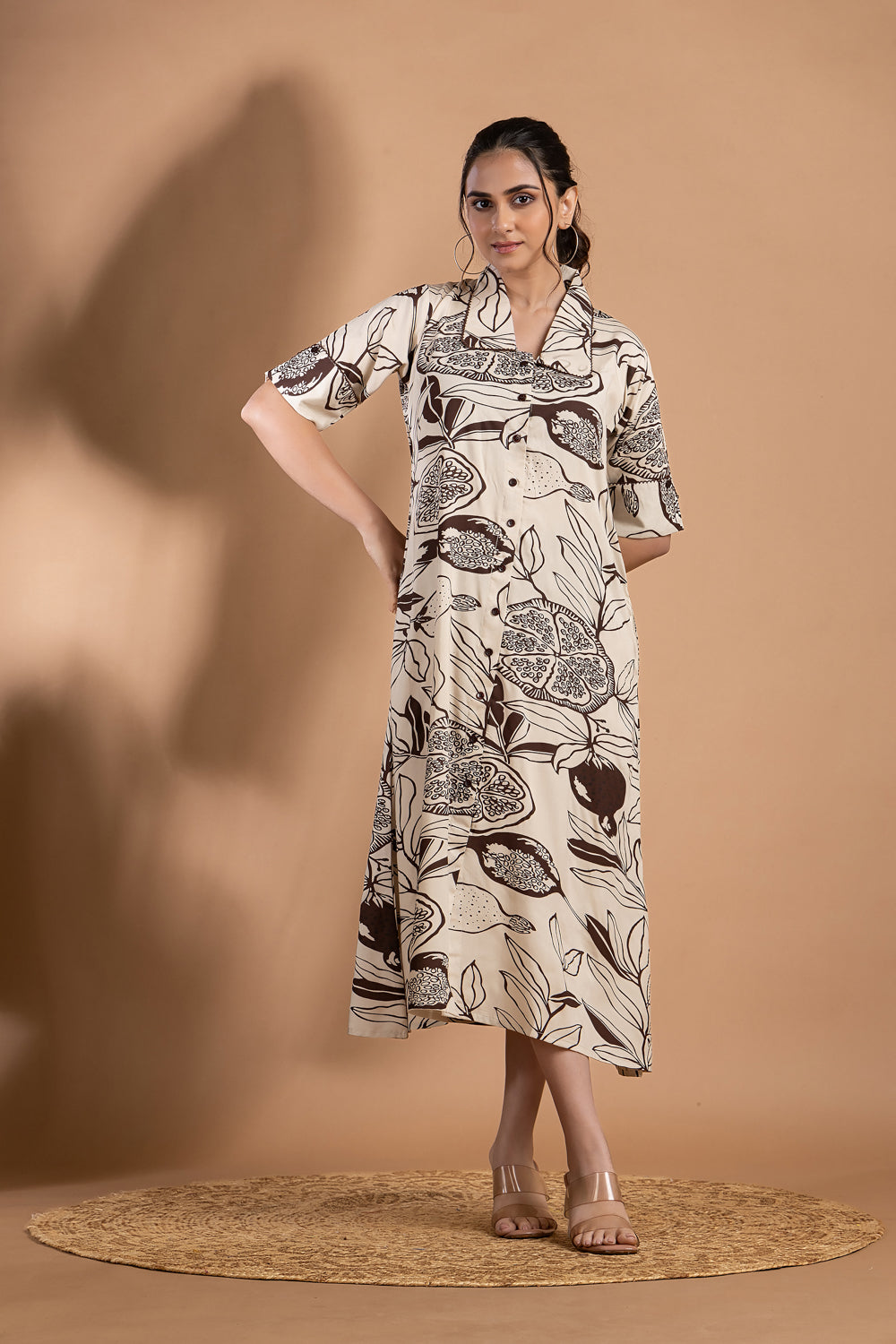 Beige & Brown Fruit Print A-Line Dress