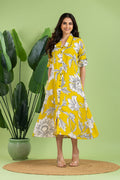 Yellow & Black Floral Print A-Line Dress