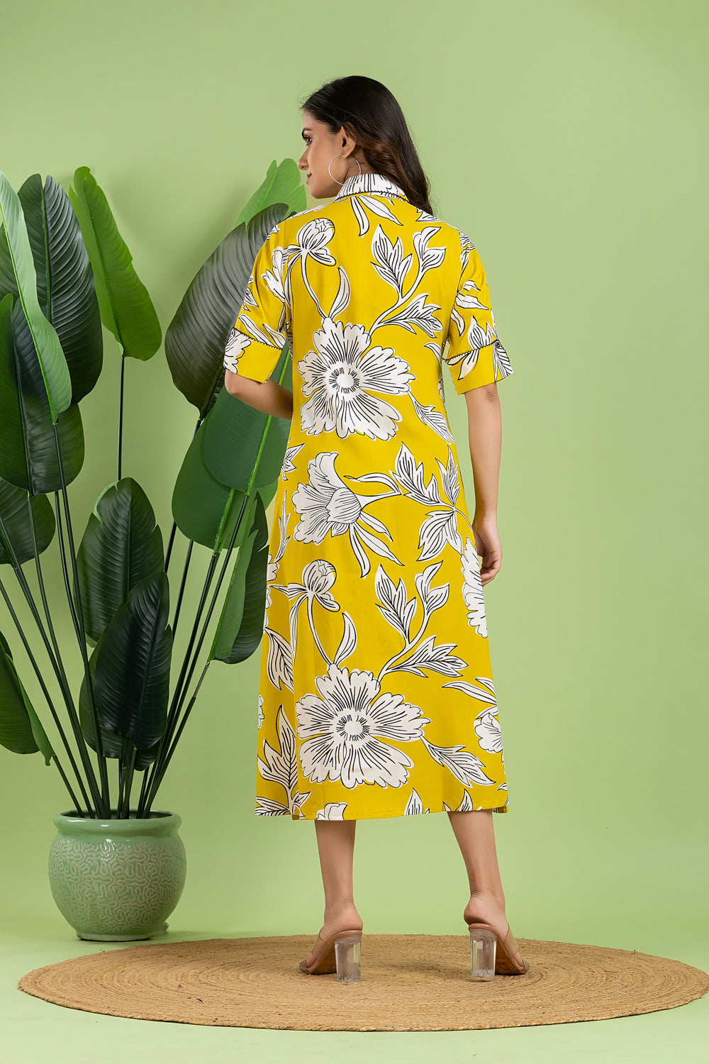 Yellow & Black Floral Print A-Line Dress