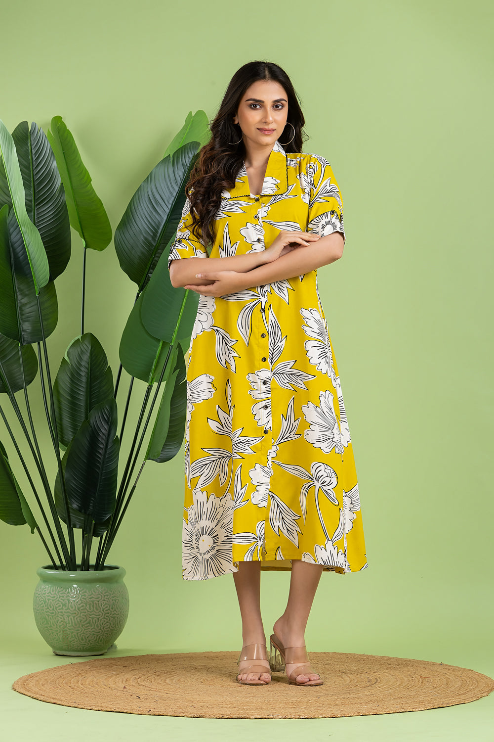 Yellow & Black Floral Print A-Line Dress