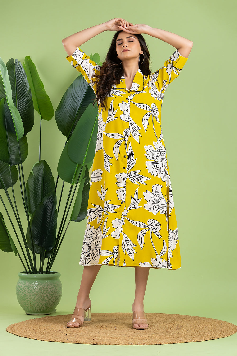 Yellow & Black Floral Print A-Line Dress
