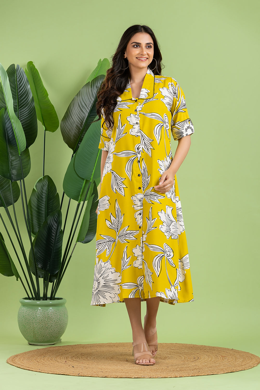 Yellow & Black Floral Print A-Line Dress