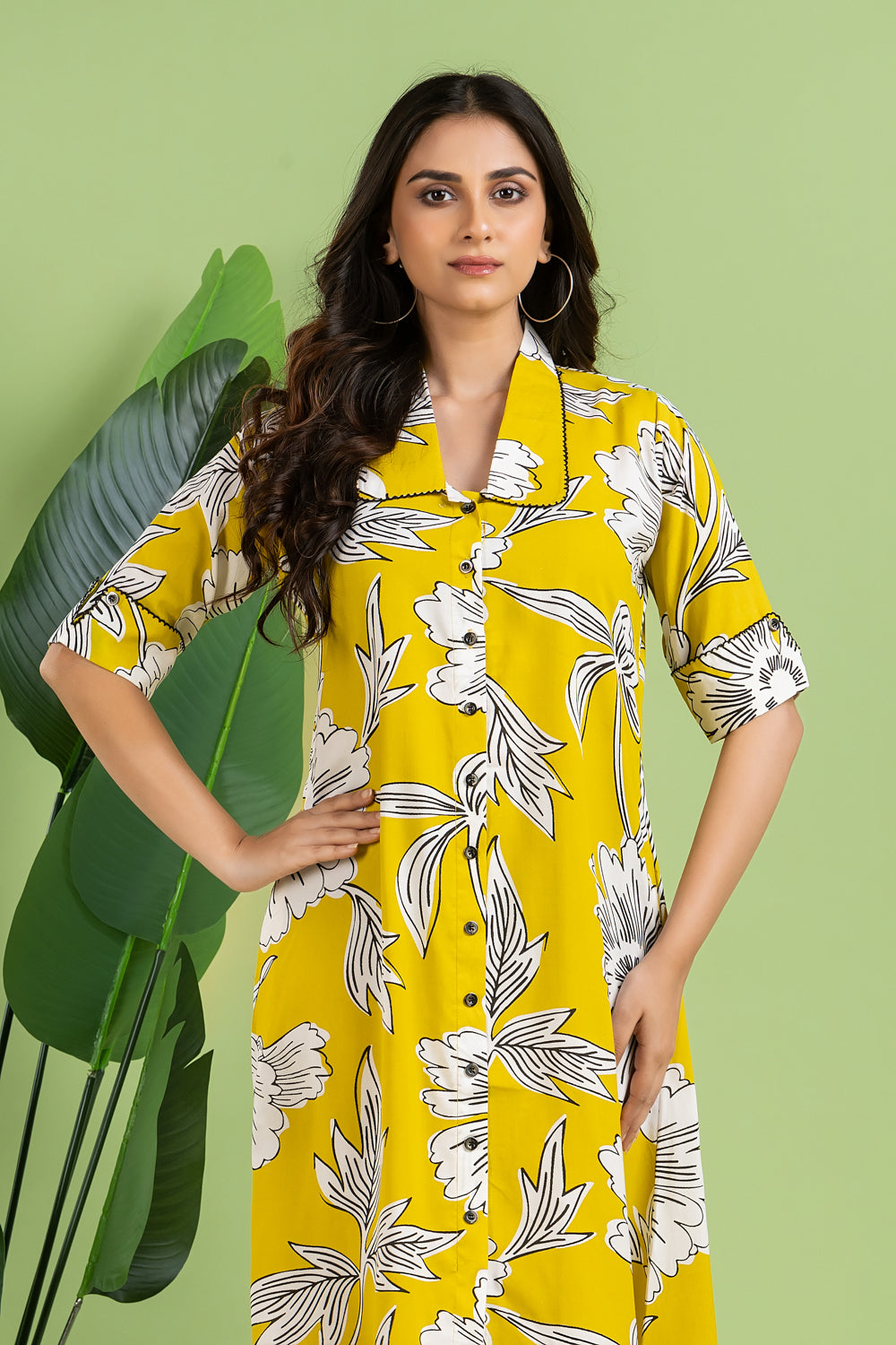 Yellow & Black Floral Print A-Line Dress