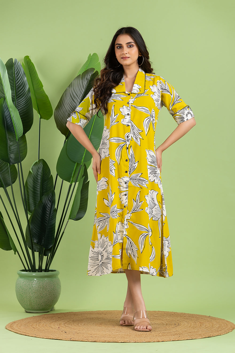 Yellow & Black Floral Print A-Line Dress