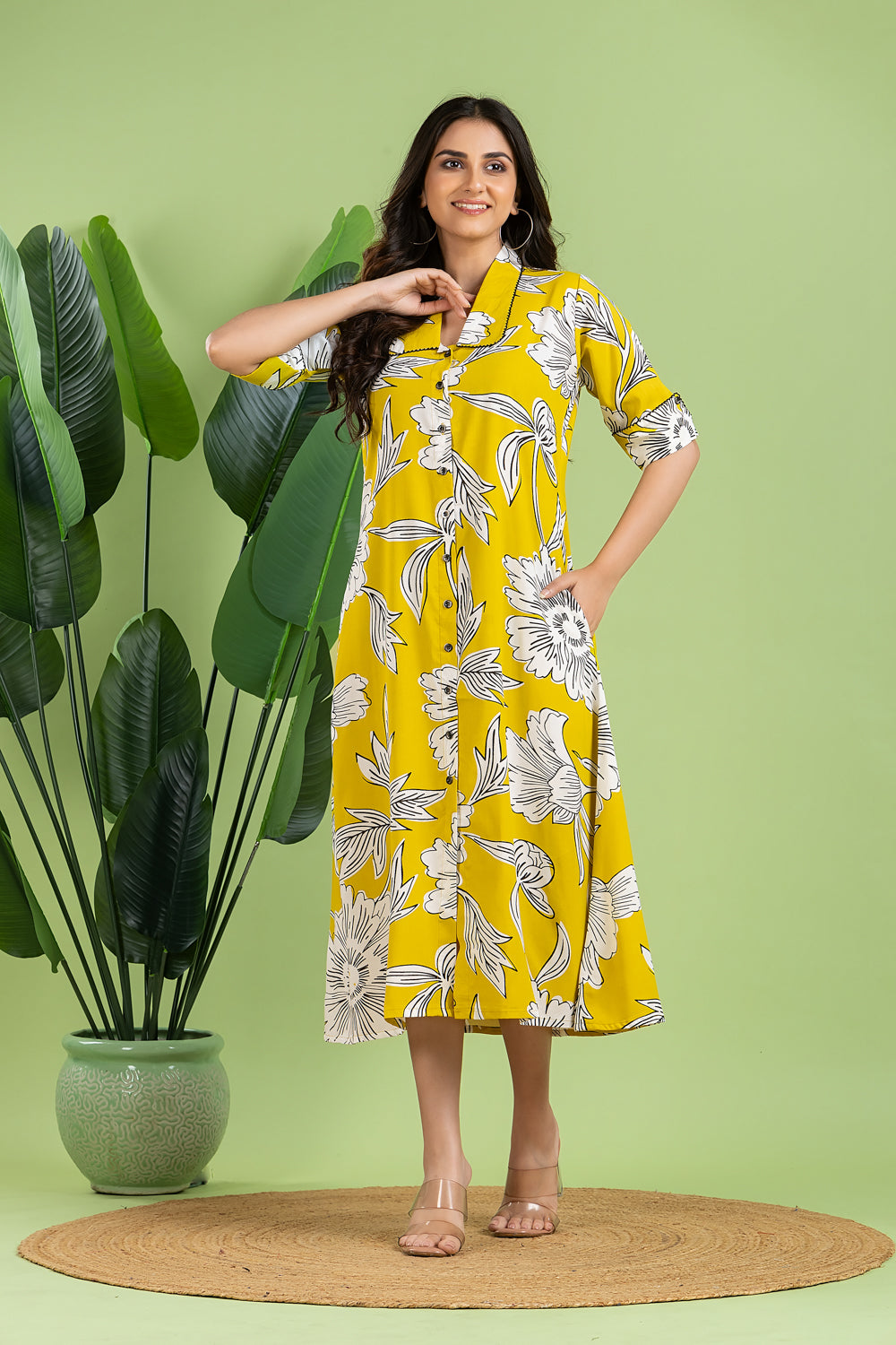 Yellow & Black Floral Print A-Line Dress