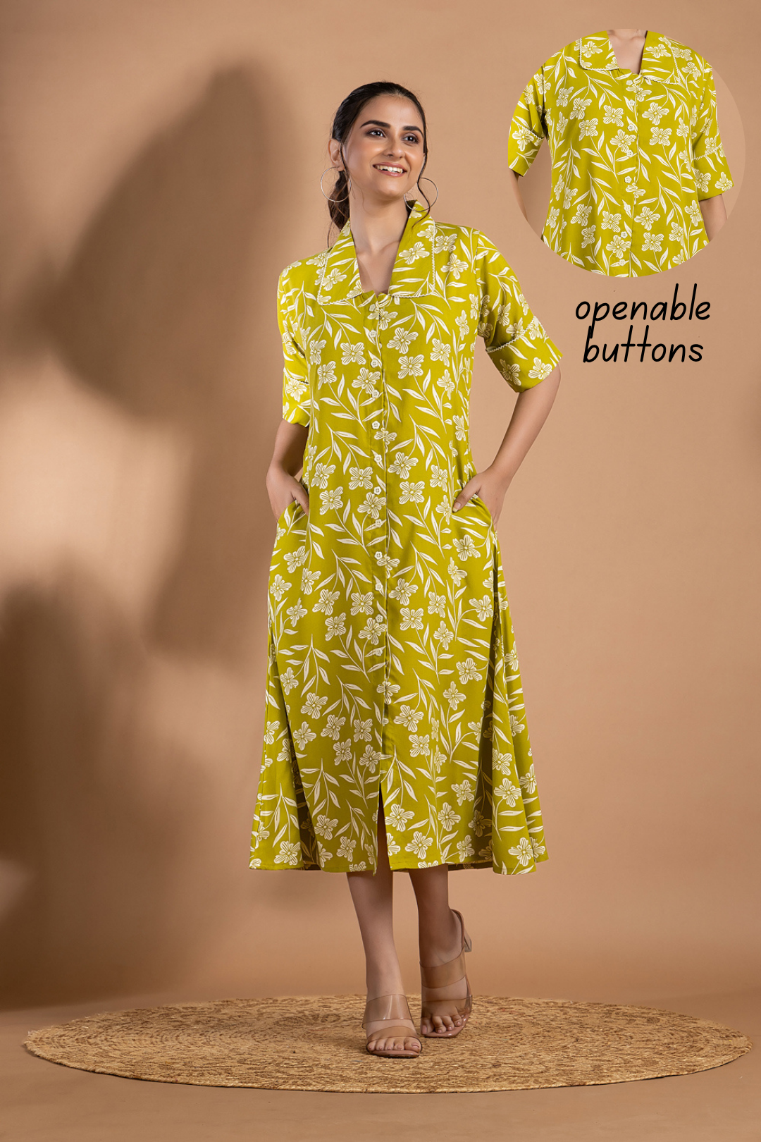 Lime Green Floral Print A-Line Dress