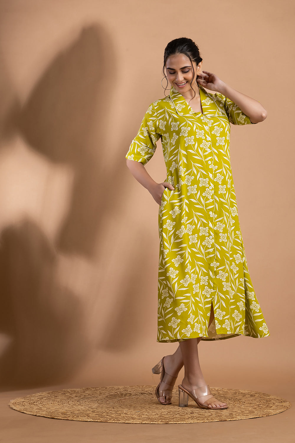 Lime Green Floral Print A-Line Dress