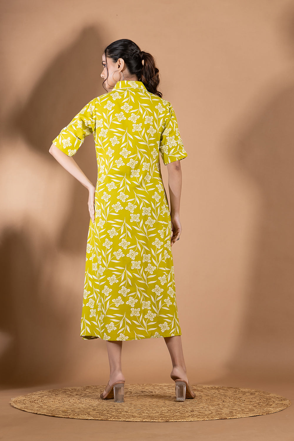 Lime Green Floral Print A-Line Dress