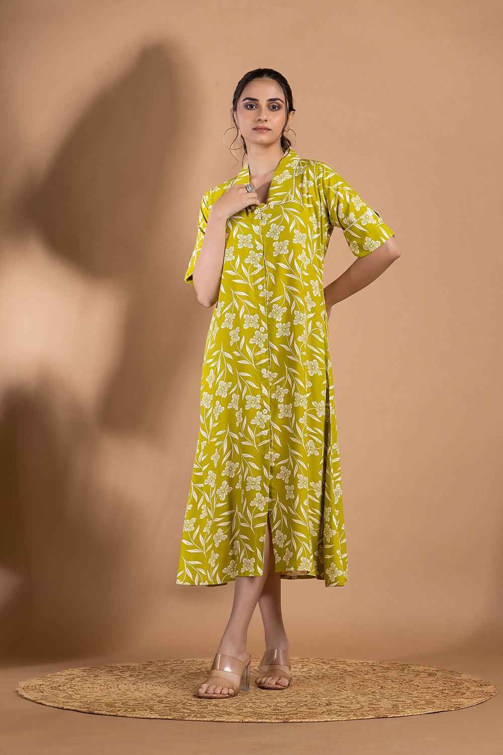 Lime Green Floral Print A-Line Dress