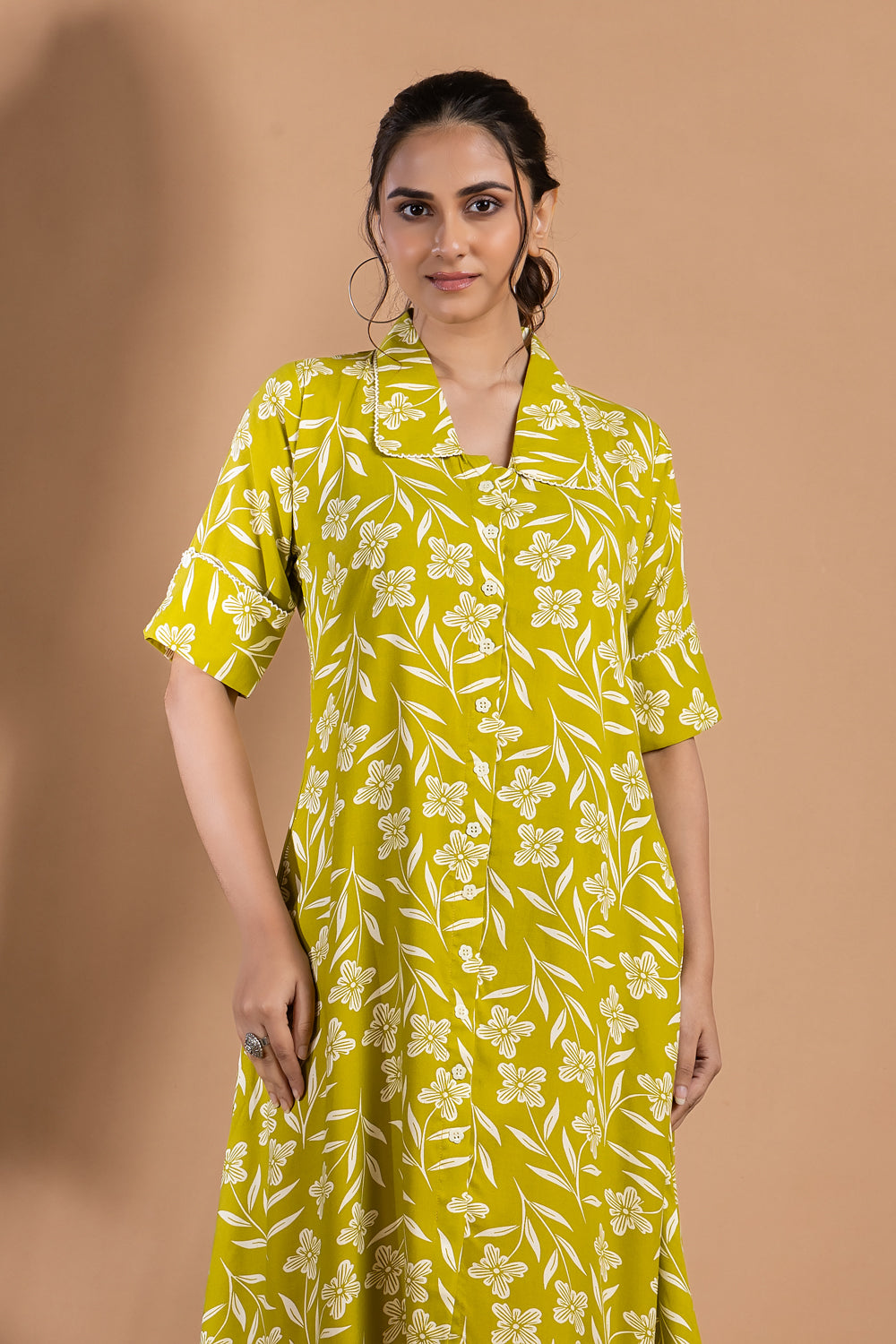 Lime Green Floral Print A-Line Dress