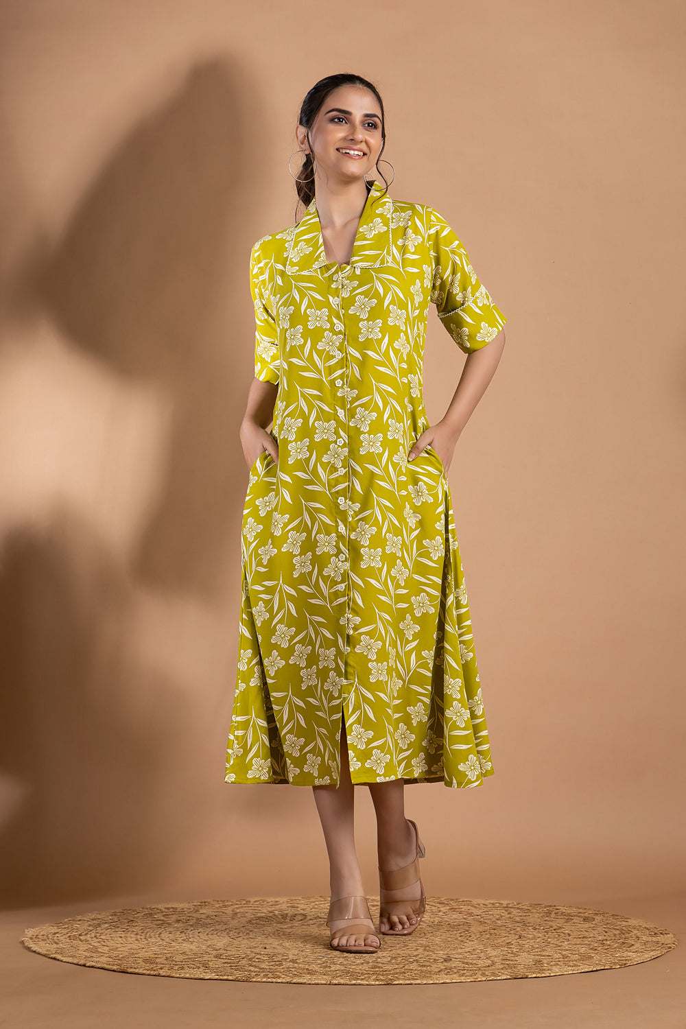Lime Green Floral Print A-Line Dress