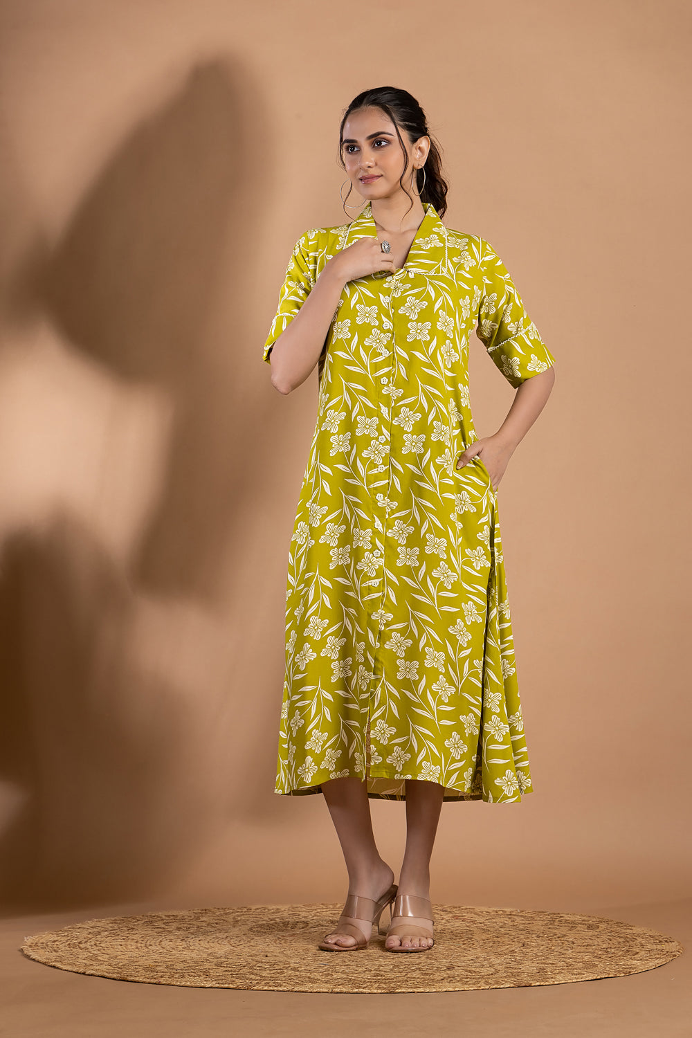 Lime Green Floral Print A-Line Dress
