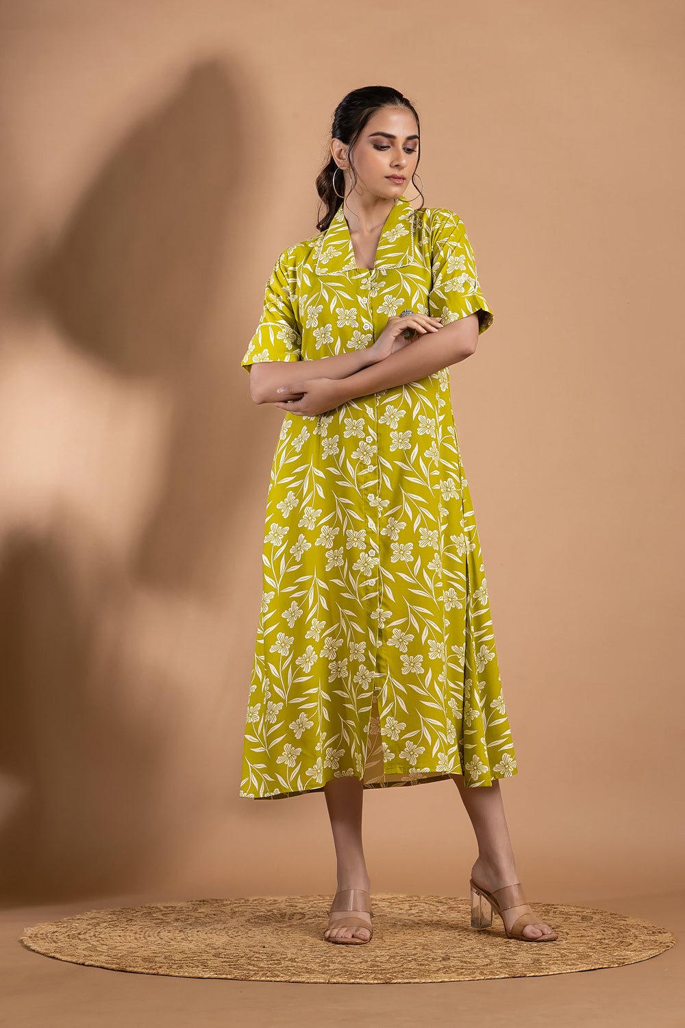 Lime Green Floral Print A-Line Dress