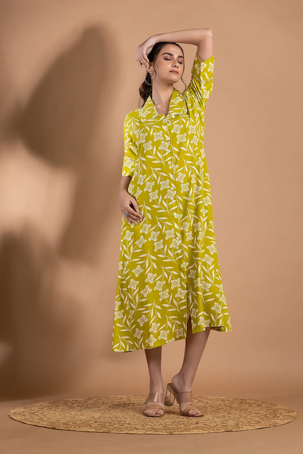 Lime Green Floral Print A-Line Dress