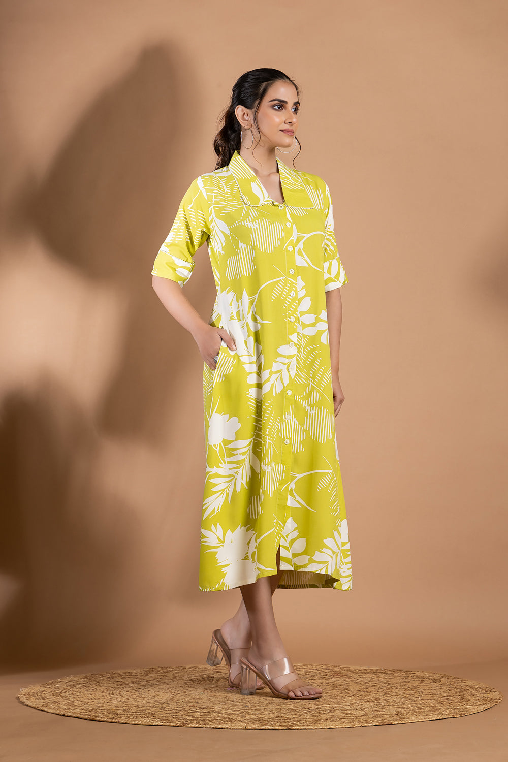 Yellow Green Floral Print A-Line Dress