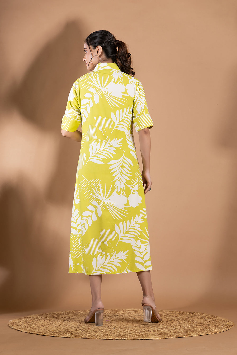 Yellow Green Floral Print A-Line Dress