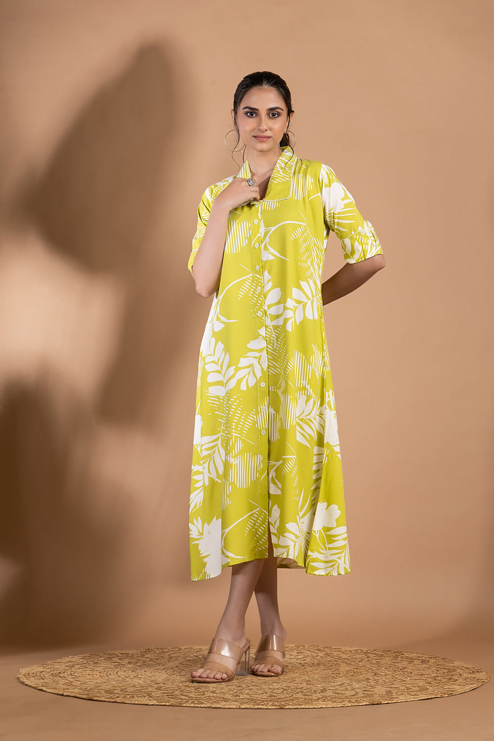Yellow Green Floral Print A-Line Dress