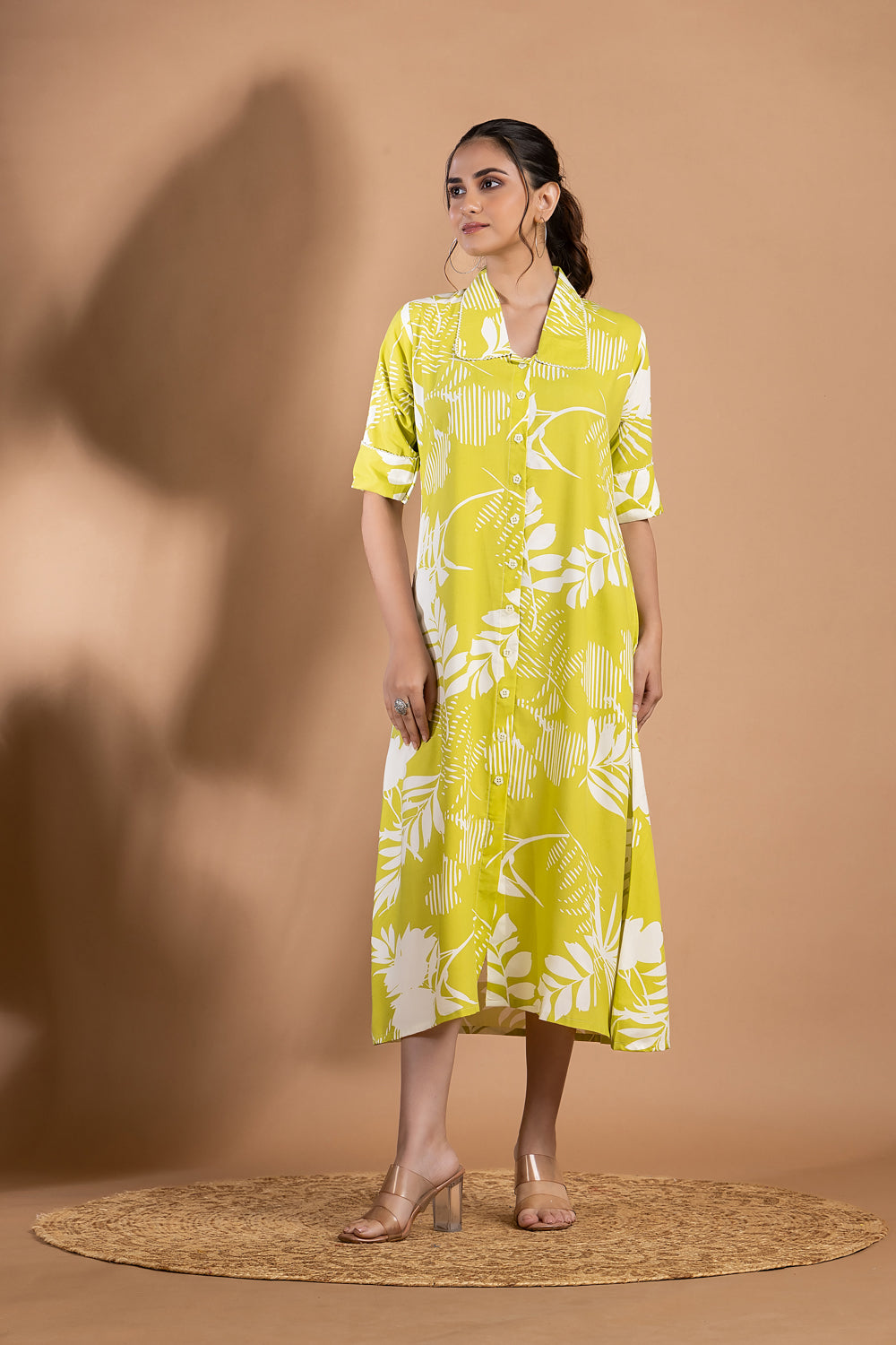 Yellow Green Floral Print A-Line Dress
