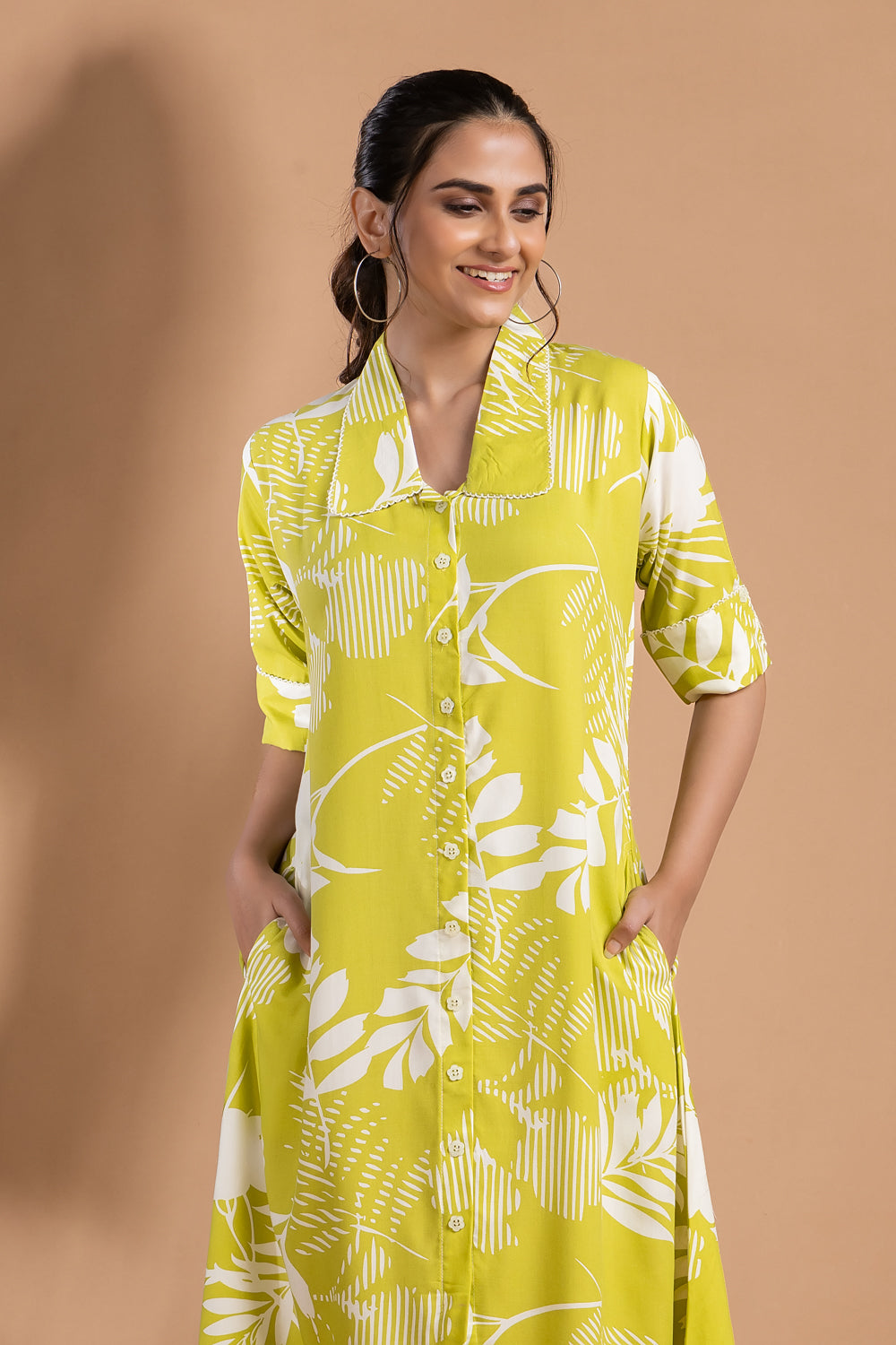 Yellow Green Floral Print A-Line Dress