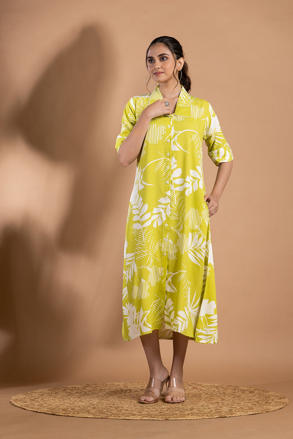 Yellow Green Floral Print A-Line Dress